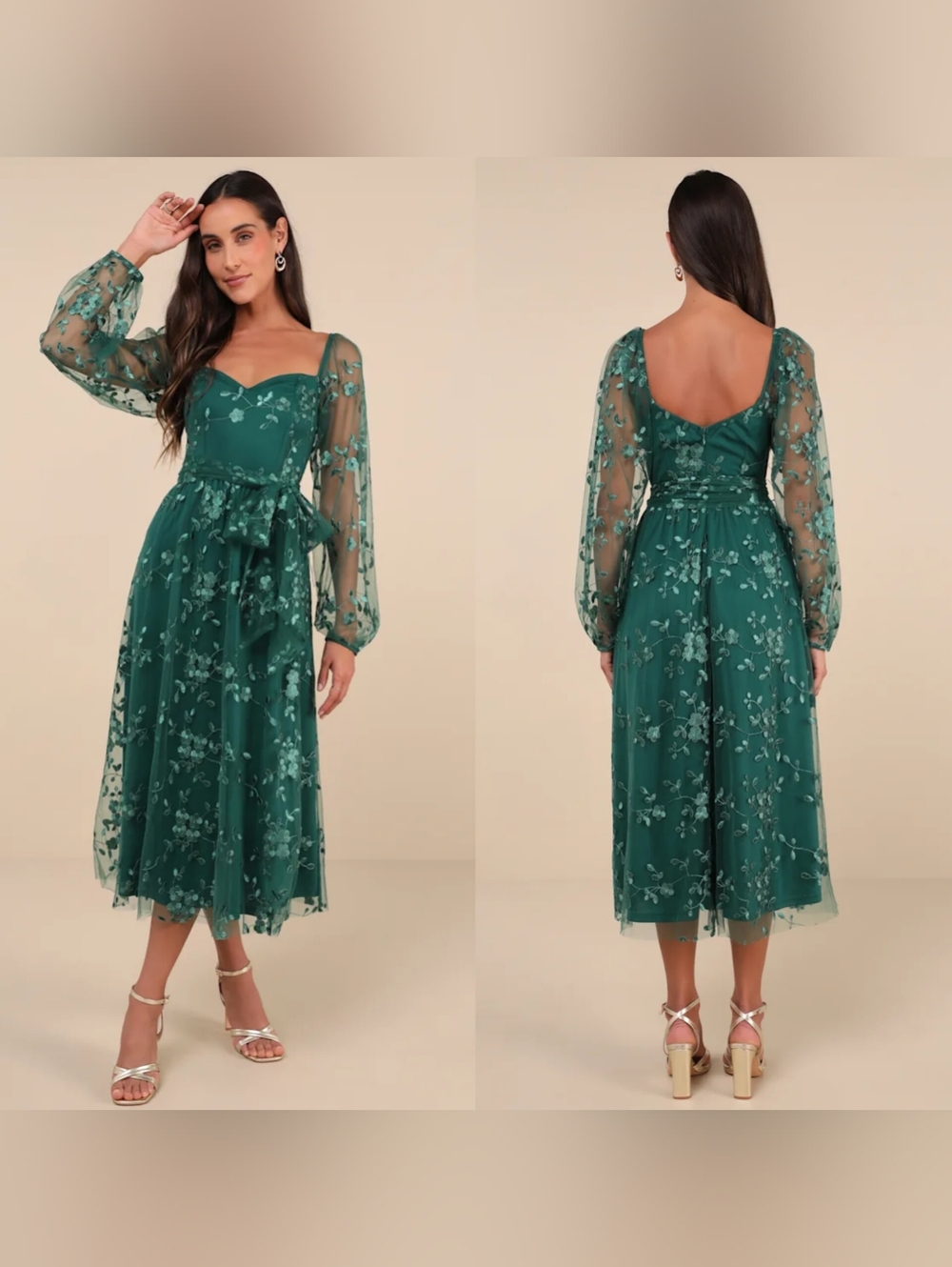 Lulus Darling Charisma Emerald Mesh Embroidered Midi Dress M Wedding Party